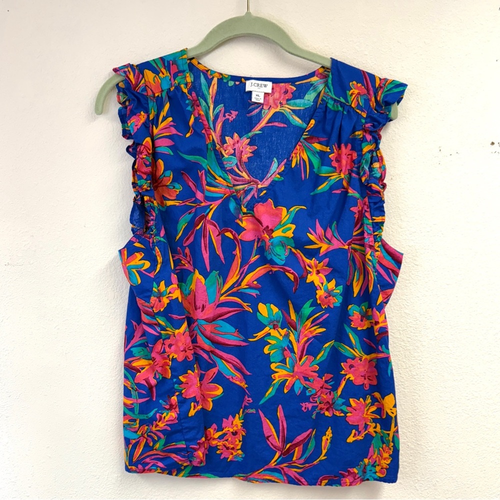 J Crew sleeveless top, vibrant blue tropical ruffle sleeve, size XL
